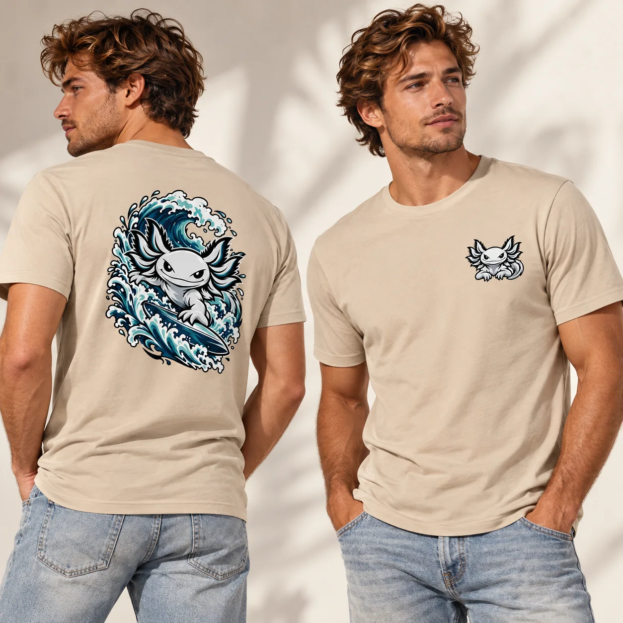Front and back of a sand LOTLZ tee featuring an axolotl riding an ocean wave.